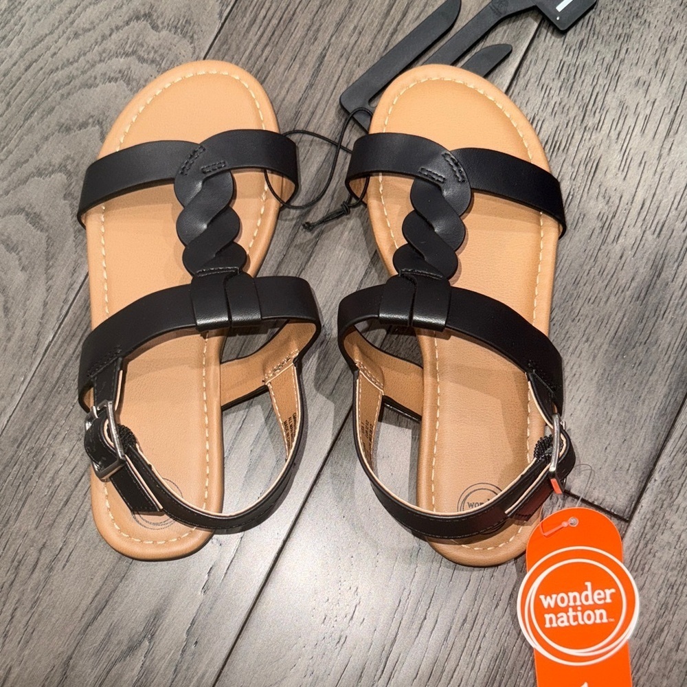 Wonder Nation Black and Tan Strappy braided like design Sandals